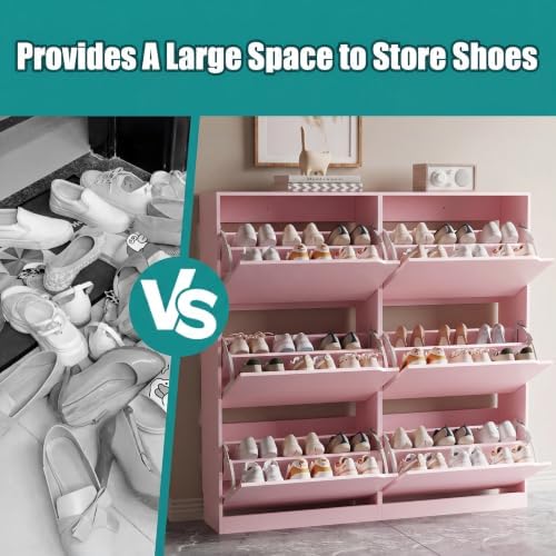 Xixini Shoe Storage Cabinet for Entryway with 6 Flip Drawers, Sturdy Wood Hidden Shoe Storage, Freestanding Narrow Slim Shoe Organizer for Front Door Entrance, Living Room, Hallway, Bedroom, Pink - Image 5