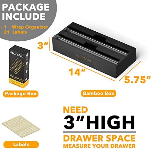 SpaceAid WrapNeat 2 in 1 Wrap Organizer with Cutter and Labels, Plastic Wrap, Aluminum Foil and Wax Bamboo Dispenser for Kitchen Storage Organization Holder for 12" Roll (Black) - Image 3