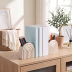 Decorative Ceramic Bookend Pen Holder for Shelves, Boho Style Set of 2, Aesthetic Rainbow Arch Heavy Duty Book Ends Stopper for Book Shelf Home Office Library Decor(Beige) - Image 3