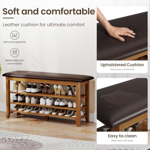 Shoe Rack Bench Entryway, Solid Wood with Leather Cushion 39.3" - Image 5