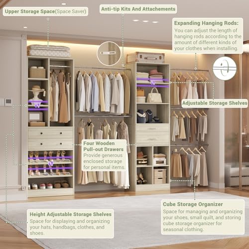 Besiost Closet System, Up to 128.6"/10.7 FT Closet Organizer with 4 Wooden Drawers and Shelves, Walk-in Closet System with 6 Hanging Rods, Built-in Closet Fit 96"/8FT, 120"/10FT, Greige Oak Set 2 - Image 2
