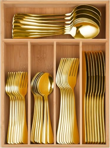 20-Piece Gold Silverware Set with Organizer, Heavy Duty Stainless Steel Flatware Cutlery Set, Fork Spoon Knife Set with Kitchen Essentials Organizer, Rust-proof, Dishwasher Safe by EHME+EHME+EHME