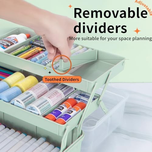 TERGOO 14in 3-Layer Multipurpose Craft Organizers and Storage with Adjustable Dividers, Portable Tackle Box, Folding Art & Craft Case for Medicine, Tool, Sewing Organizer (Haze Green, X-Large) - Image 3