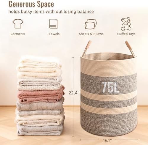 Large Laundry Basket, Laundry Hamper with Leather Handles, 75L Woven Dirty Clothes Hamper, Rope Hampers for Bedroom, Barthroom, Dark Brown - Image 4