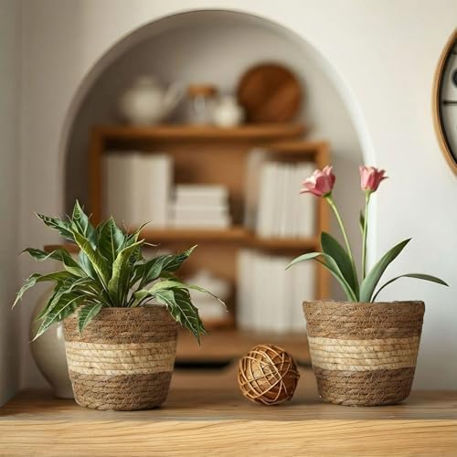AceOrbit 12 Pcs Wicker Plant Basket Bulk with Liners Woven Planter Baskets Bulk for Indoor Outdoor Seagrass Plants Woven Wicker Baskets for Flower Pots Cover and Room Decor (Small,Bohemian) - Image 6