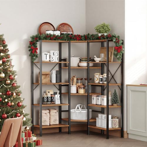 HOOBRO Industrial Corner Bookshelf, 5-Tier L-Shaped Bookcase, Open Display Storage Rack, Floor Standing Storage Shelf, for Living Room, Bedroom, Home Office, Rustic Brown and Black BF68SJ01 - Image 2