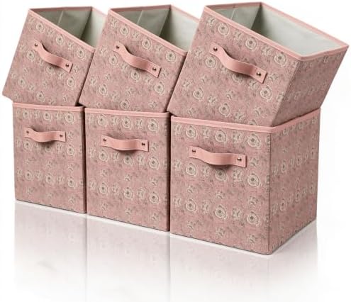 6 Pcs Pink Fabric Vintage Cube Storage Bins 11Inch Storage Basket with Handle, Linen Collapsible Fabric Box for Classroom Bedrooms Office Home Decoration (Pink and beige) by BBSET