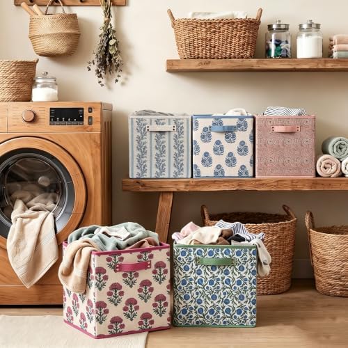 6 Pcs Fabric Indian Floral Cube Storage Bins 11 Inch Storage Basket with Handle, Linen Collapsible Fabric Box for Classroom Bedrooms Office Home Decoration (Grey stripe leaves) - Image 5