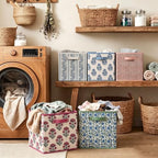 6 Pcs Fabric Indian Floral Cube Storage Bins 11 Inch Storage Basket with Handle, Linen Collapsible Fabric Box for Classroom Bedrooms Office Home Decoration (Grey stripe leaves) - Image 5