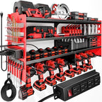 POKIPO Large Power Tool Organizer Wall Mount with Charging Station,4 Layer Heavy Duty Metal Tool Storage Shelf Loads 600lbs,Battery Utility Rack With 4 Outlet Power Strip with 8 Cordless Drill Holder by POKIPO