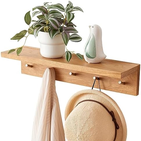 Oak Wood Coat Rack Wall Mount With Shelf 20 Inch Long, 5 Hooks, Floating Entryway Wall Shelf for Bathroom, Hallway, Living Room by TREOAKWIS