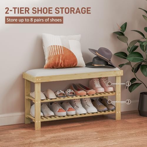 HOMCOM Small Bamboo Shoe Bench 3-Tier Storage 35.4" x 11.4" x 19.3" Natural - Image 5
