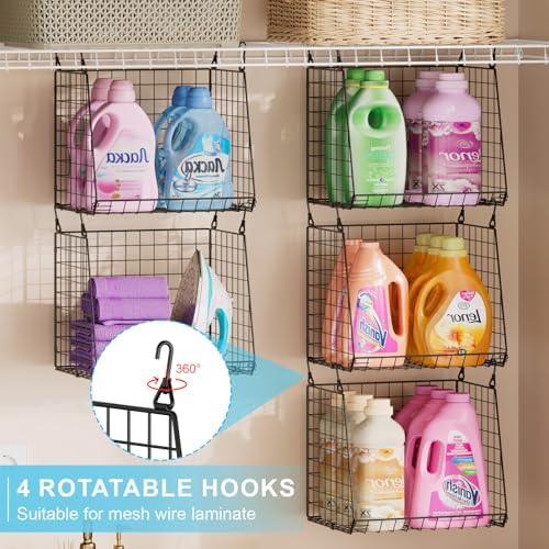 3-Pack Extra-Tall 13.6'' Hanging Laundry Basket Organizer, Foldable Wire Shelf with 360° Rotating Hooks & Reinforced Height - Durable Space-Saving Laundry Room & Closet Organizer, Black Patent - Image 3