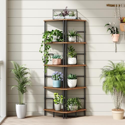 MAHANCRIS 5-Tier Corner Shelf, 52.8" Tall Corner Bookshelf with Metal Frame, Narrow Display Shelf Stand, Industrial Corner Bookcase for Living Room, Bedroom, Home Office, Rustic Brown CSHR5501 - Image 4