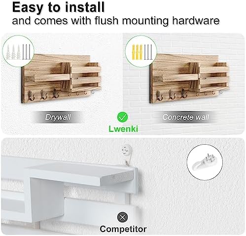 Lwenki Mail Organizer for Wall Mount – Key Holder with Shelf Includes Letter Holder and Hooks for Coats, Dog Leashes – Rustic Wood with Flush Mounting Hardware (16.5” x 8.7” x 3.5”) (Wood) - Image 6