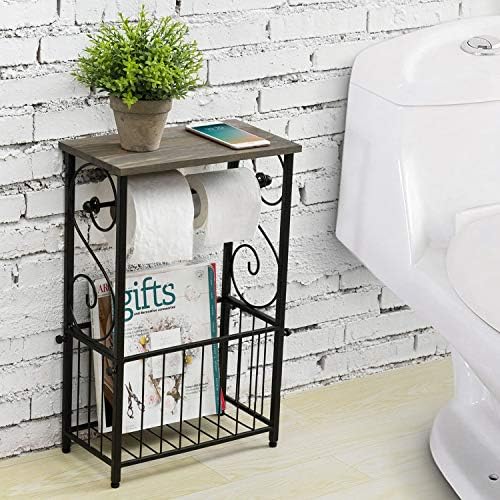 MyGift Toilet Paper Holder Stand with Magazine Rack, Gray Wood Shelf - Image 2