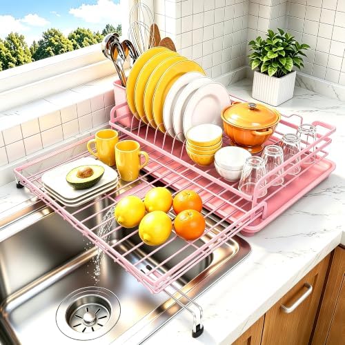 Expandable 2-in-1 Dish Drying Rack with Drainboard (Pink) by Bluocean