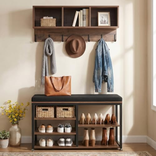 VEVOR Coat Rack with Shoe Bench, 3-in-1 Shoe Coat Rack Combo Set with Hooks and Bookshelf, Steel Frame Hall Tree Entrance Storage Organizer Holder for Entry, Bedroom, Closet, Office, Rustic Brown by VEVOR