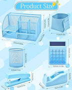 23pc Blue Desk Accessories and Organizers with Mesh Organizer Stapler Tape Dispenser Calculator and a Lot of Office Purple Office Supplies Beautifully Presented in a Gift Box - Image 6