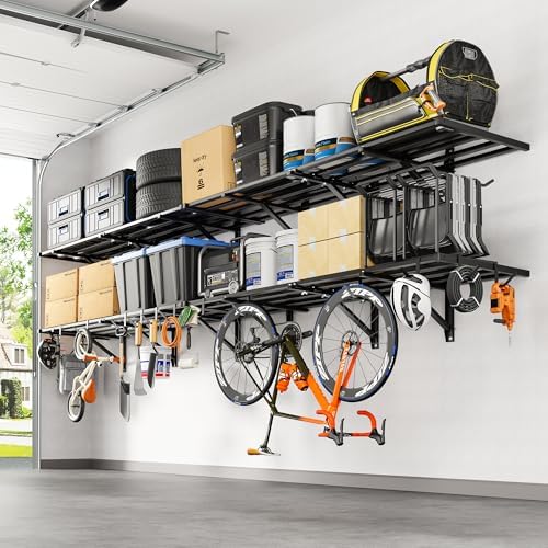FLEXIMOUNTS 4-Pack 2x6ft Garage Wall Shelving with 8 Hooks, 1200lbs, Black by FLEXIMOUNTS