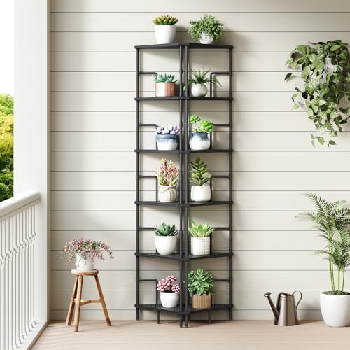 MAHANCRIS 6-Tier Corner Shelf, 65" Tall Corner Bookshelf with Metal Frame, Narrow Display Shelf Stand, Industrial Corner Bookcase for Living Room, Bedroom, Home Office, Black CSBK6601 - Image 4