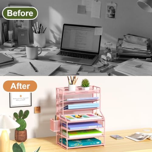Pink 7 Tier Desk File Organizer, Metal Letter Tray Paper Organizer with Pull-Out Drawer, Removable Pen Holder & Hanging Basket, Vertical Desktop File Holder for Home Office, Classroom - Image 3