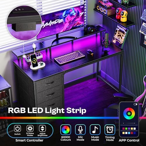 Huuger 47 Inch Computer Desk with Power Outlets and LED Lights, Gaming Desk with 4 Drawers, Office Desk with Monitor Stand, Study Work Home Office, Small Spaces, Black - Image 4