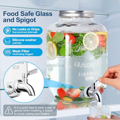 1 Gallon Glass Drink Dispenser with Acrylic Stand, Airtight & Leakproof Lemonade Sun Tea Jar with Lid and Spigot, Beverage Dispenser for Parties, Weddings, Lemonade & Laundry Detergent Dispenser - Image 3