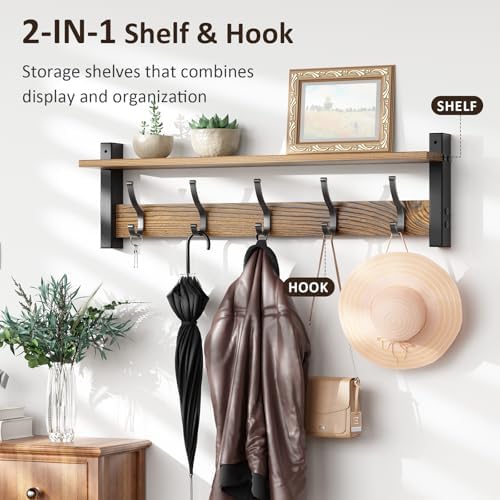 Optish Coat Rack Wall Mount with Shelf, 24 Inch Coat Hanger Walls Mounted, Hat Rack for Walls, Shelf with 5 Coat Hooks, Wall Hanger for Entryway (Brown) - Image 4