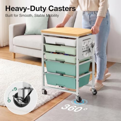 ALVOROG Rolling Storage Cart with 5 Drawers,Pegboards,Wooden Top,Bins,Green - Image 5