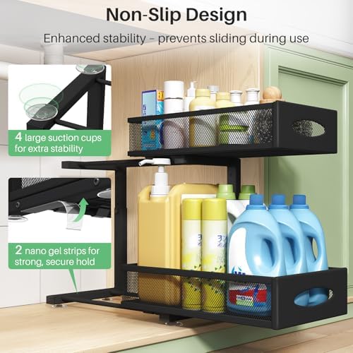 Under Sink Organizer, 2 Pack 2 Tier Pull out Cabinet Organizer Baskets with Mesh Sliding Drawers, Slide out Sink Storage Shelves for Home, Kitchen, Bathroom, Pantry, Office Organizers and Storag,Black - Image 6