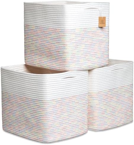 NaturalCozy 13x15x13 Kallax Storage Cubes Bins, 3 Pack | Cotton Rope Cube Storage Bin Woven Baskets for Organizing | Kallax Insert Storage Baskets for Shelves Organizer, Kids Toy, Closet Baby Nursery by NaturalCozy