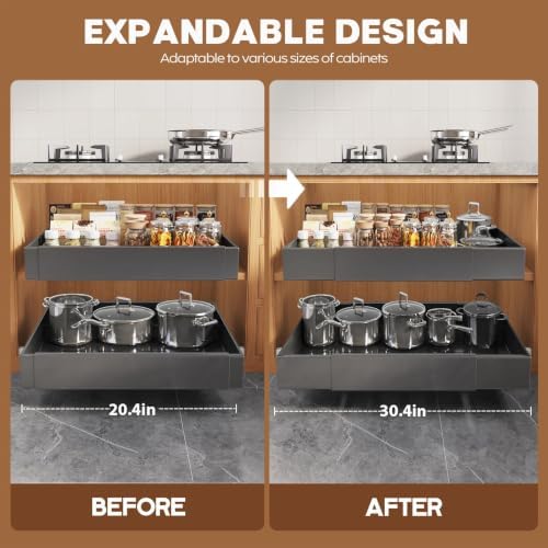 Seinloes 2 Pack Pull Out Cabinet Organizer for Wide Cabinets,Expandable 20.4"-30.4" Width,5 Slide Rails Slide Out Drawers With Raising Pad for Framed Cabinets,No Drill Roll Out Shelves 21" Deep,Black - Image 4