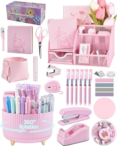 Pink Desk Accessories and Organizers with Desk Organizer and 360°Rotating Pen Holder stapler Pen and a Lot of Office Pink Office Supplies Beautifully Presented in a Gift Box by Vamrak