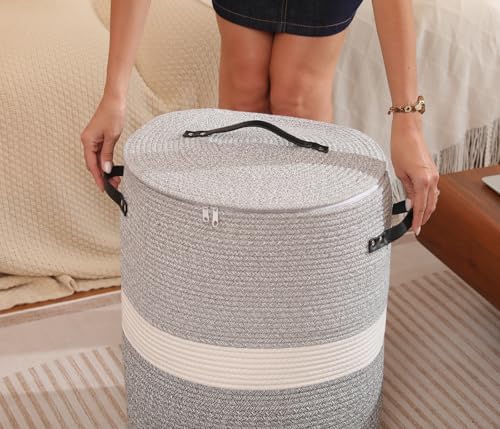 16"x20" Extra Large Cotton Rope Basket with Zipper Lid, Woven Laundry Hamper and Blanket Storage Basket, Round Clothes Bin for Living Room Bedroom, Dual Grey - Image 6