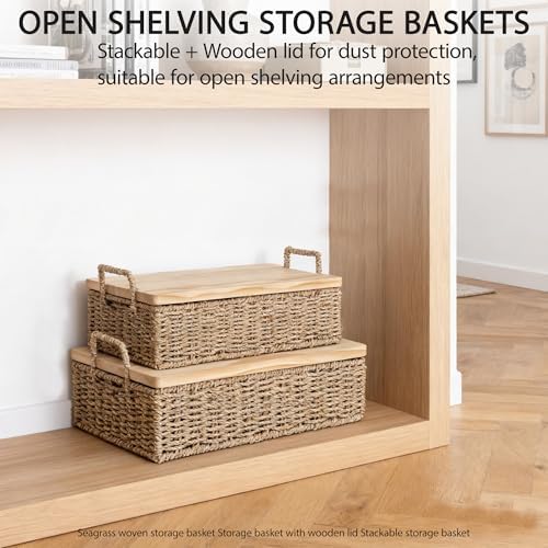 Woven Seagrass Wicker Storage Basket Set of 2 with Wooden Lids - Image 2