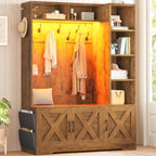 Itaar Hall Tree with Bench and Shoe Storage, Farmhouse Entryway Bench with Coat Rack, Shoe Cabinet with Adjustable Shelves, 6 Storage Cubbies, 10 Coat Hooks, Storage Bag, Led Lights, Rustic Brown by Itaar