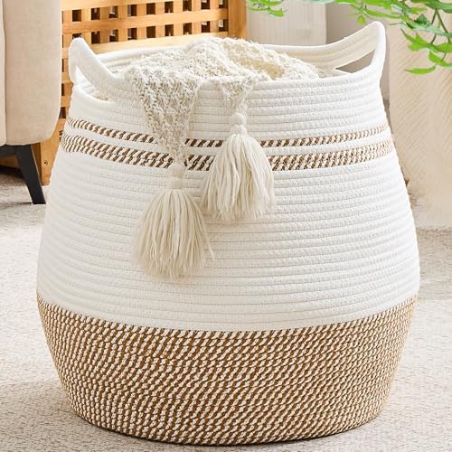 KAKAMAY Large Cotton Rope Woven Basket for Storage (17"x17"), Collapsible Laundry Hamper for Baby, Blanket Basket for Organizing Living Room, Nursery, Clothes, Toy Chest, Brown Stripes by KAKAMAY