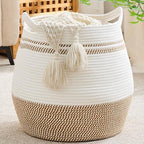 KAKAMAY Large Cotton Rope Woven Basket for Storage (17"x17"), Collapsible Laundry Hamper for Baby, Blanket Basket for Organizing Living Room, Nursery, Clothes, Toy Chest, Brown Stripes by KAKAMAY