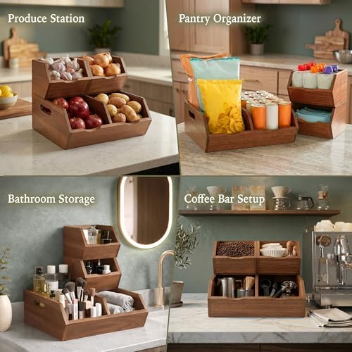 Acacia Pantry Storage Bins Set of 3, Stackable Potato Onion Wood Baskets - Image 5
