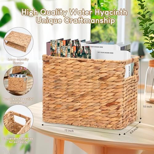 Magazines Holder Basket - Wicker Magazine Basket, Handwoven Magazine Holders for Bathroom,Home Magazine Storage Basket, Water Hyacinth Magazine Rack Organizer for Books, Newspapers, Narrow Rectangle - Image 3