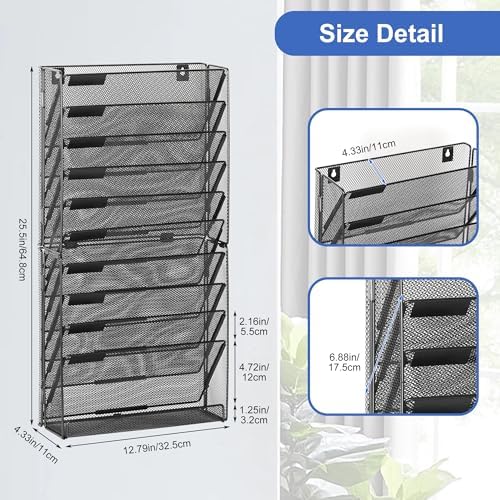 EasyPAG Wall File Holder 10 Tier Mesh Hanging Folder Organizer with Flat Tray Wall Mounted Mail Organizer Magazine Paper Desk Shelf with Nametag Label for Office Home School, Black - Image 3