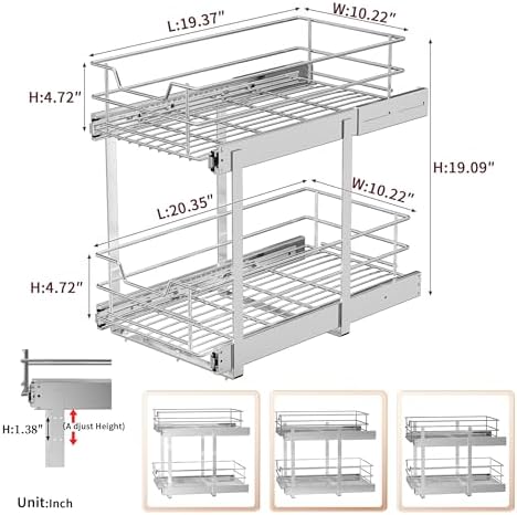EZKAZA Pull Out Cabinet Organizer for Kitchen Utensil 11.5" W x 21" D, 2-Tier Cabinet Pullout Shelves and Drawer Organizer Slide Out Pantry Storage Basket, Bottom Basket 10.2" W x 20.4" D x 4.7" H - Image 4