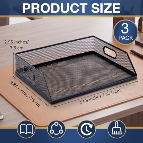 3 Pcs Stackable Letter Tray Metal Paper Tray Desk Organizer, Black - Image 2