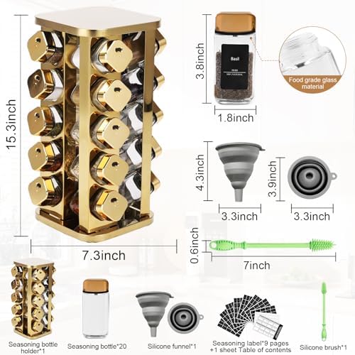 Kitchen stainless steel spice rack with 20 food grade glass cans-275 spice label-rotating vertical bracket and countertop seasoning rack cabinet tower storage rack (golden, 20) - Image 2