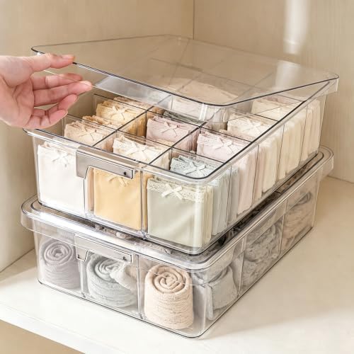 Socks Bra Underwear Drawer Organizer for Closet, 2 PCS Plastic Storage Box with 15 Removable Compartments and Lid, Clear Dresser Drawer Organizer Storage Container with Dividers for Sock Ties Belts by Unknown