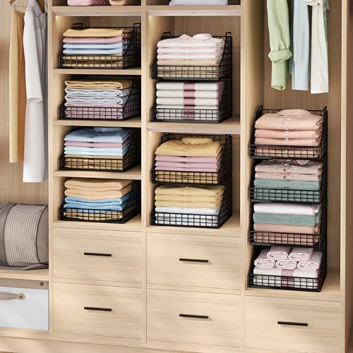 Lyuwanxian 4-Pack Stackable Wire Baskets for Closet Organizers and Storage, Open Storage Bins for Clothes, Toys, and Snacks - Rustic Metal Closet Organizer and Shelves in Black - Image 3