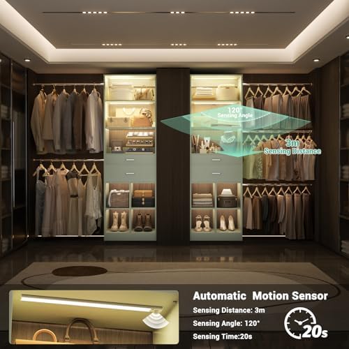 Besiost Closet System, 4-8 FT Closet Organizer System with Smart Sensor Lights, 2 Wooden Drawers and 5 Hanging Rods, Crab Green - Image 4