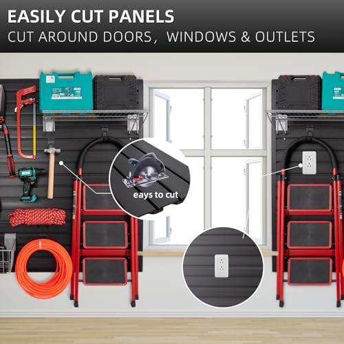 FRAYSCENT Slat Wall Paneling Garage Wall Organizer, Slatwall Panels Garage Tool Organizer Wall Mount Garage Slat Wall Storage Systems, Slat Board PVC Wall Panels Garage Storage (Black, 8ftx4ft) - Image 4