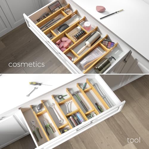 EcoFives Adjustable Bamboo Drawer Dividers with Inserts, Expandable Spring-Loaded Drawer Organizer for Kitchen, Clothes, Tools, Silverware, Bamboo Organizer Separators - 6 Large Pieces - Image 5